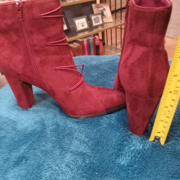 EUC Burgundy Suede Pom-Pom Ankle Boots - Picture 2 of 5